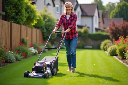 Femme en jeans de jardinage tondant la pelouse avec tondeuse électrique