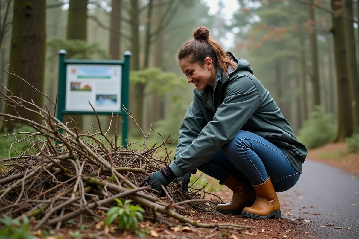 Jeune femme triant des branches dans un parc public