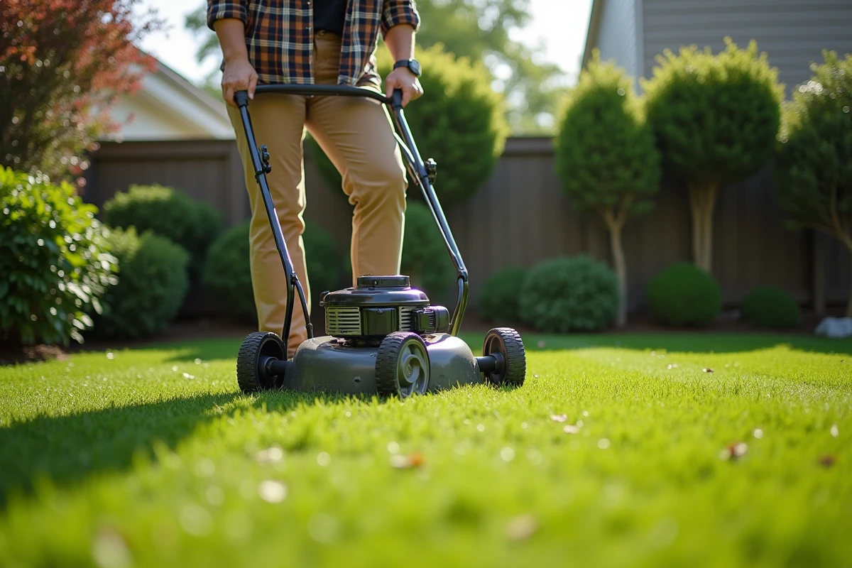 Femme inspectant une pelouse fraîchement coupée dans un jardin