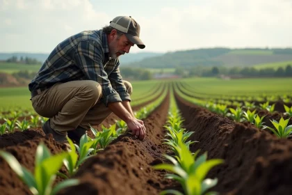 Fermeur inspectant jeunes pousses dans un champ fertile