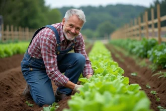 Fermeur en denim inspectant des laitues dans un champ
