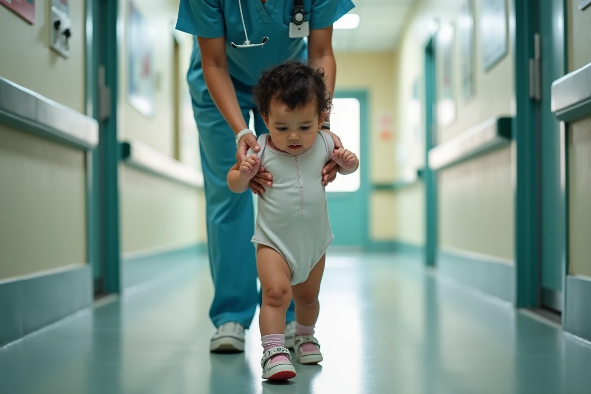 Jeune fille avec aide médicale dans un couloir d