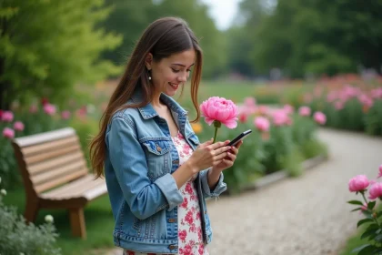 Jeune femme utilisant une application pour identifier une fleur dans un jardin