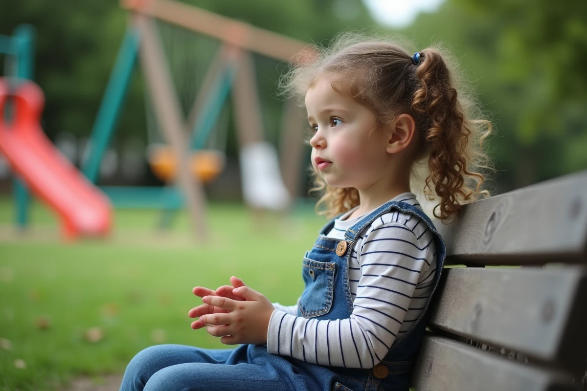 Petite fille assise sur un banc de parc en contemplant le paysage