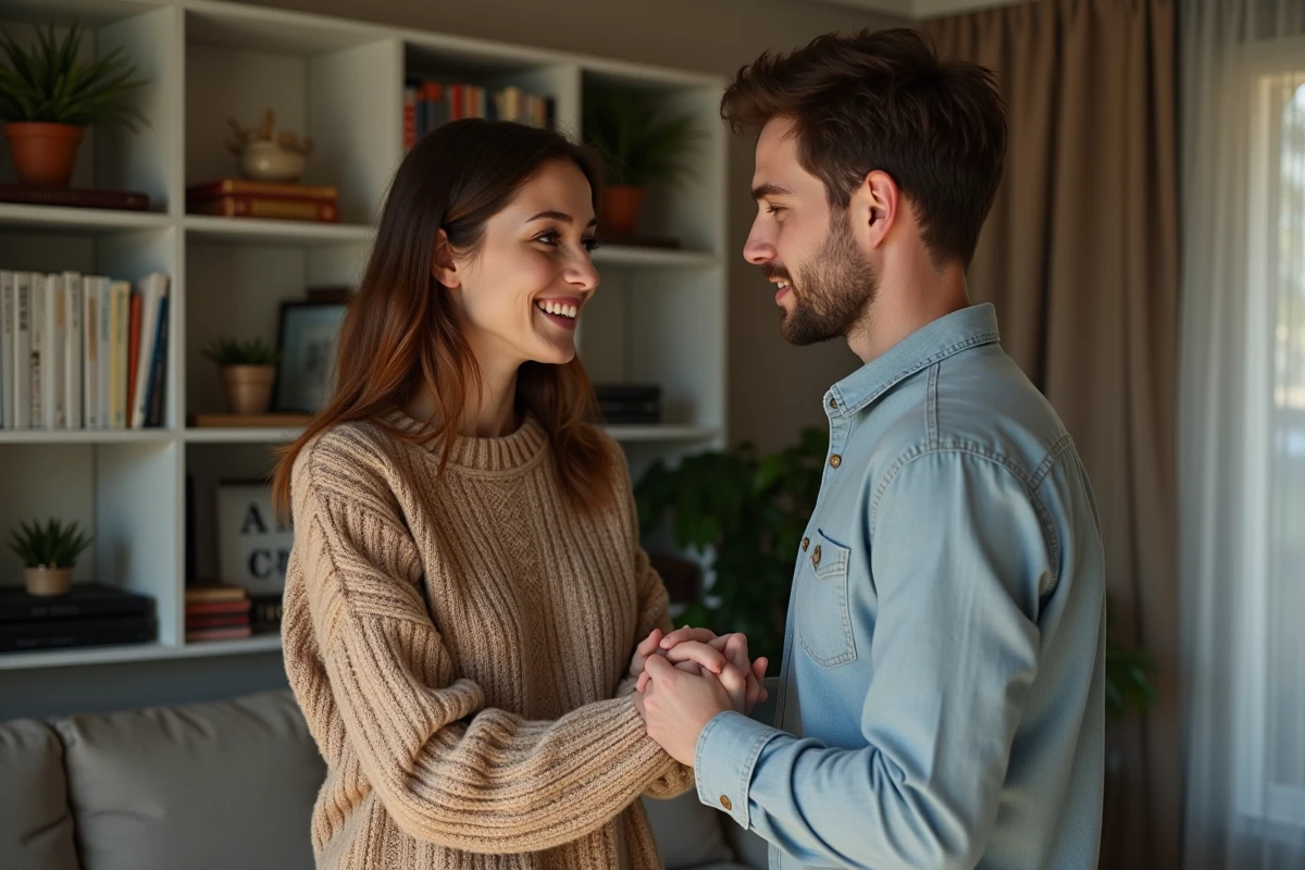 Deux frères échangent un regard sincère dans le salon