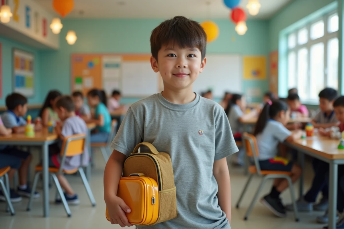 Garçon de 10 ans tenant une boîte à lunch dans une cantine scolaire animée