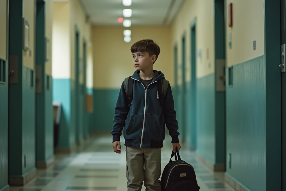 Garçon dans un couloir scolaire en attente