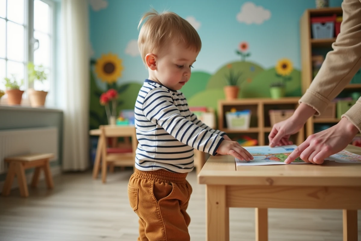 Garçon de 19 mois pointant un livre dans une salle de jeux lumineuse