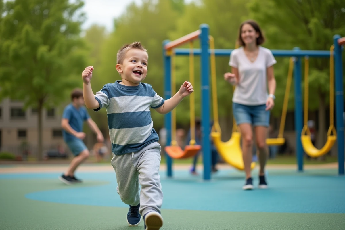 Garçon avec Down jouant dans une aire de jeux accessible en extérieur