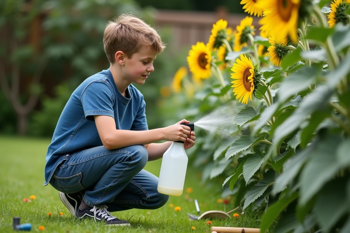 Adolescent arrosant un tournesol dans un jardin verdoyant