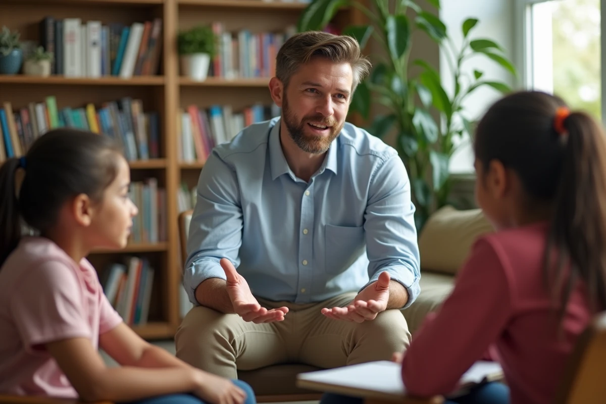 Enseignant avec élèves lors d