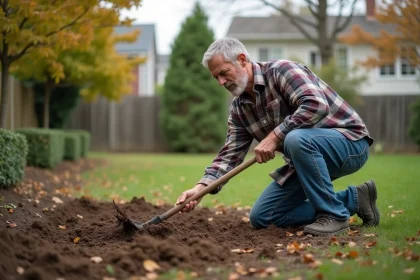Homme en jeans et chemise à carreaux travaillant dans le jardin