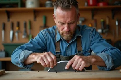 Homme en tenue de travail affutant une lame de tondeuse dans un garage organisé