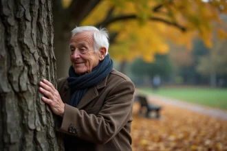 Homme âgé près d'un chêne en automne dans un parc