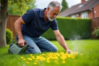 Homme en jeans arrosant des pissenlits dans le jardin