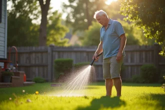 Homme d'âge moyen arrosant la pelouse en été