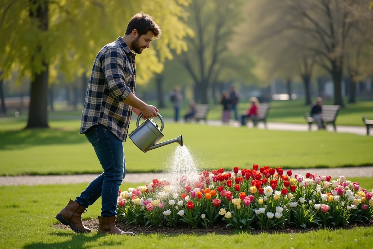 Homme arrosant un monticule de fleurs dans un parc