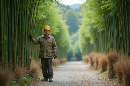 Homme en tenue de travail sélectionnant des bambous dans une nurserie verte