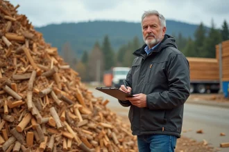 Homme d'âge moyen avec une veste de travail près d'une pile de copeaux de bois