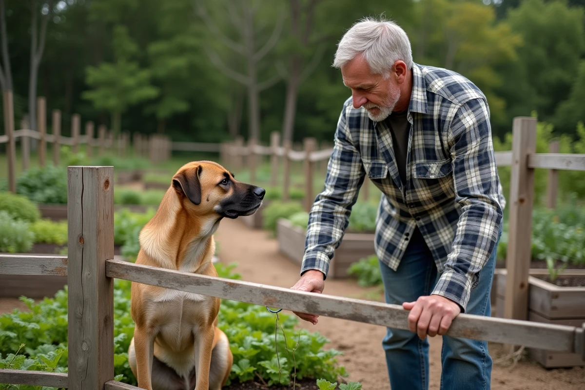 Homme posant une clôture en bois autour du potager