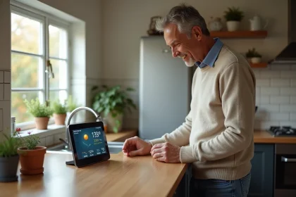 Homme d'âge moyen vérifiant une station météo numérique dans la cuisine