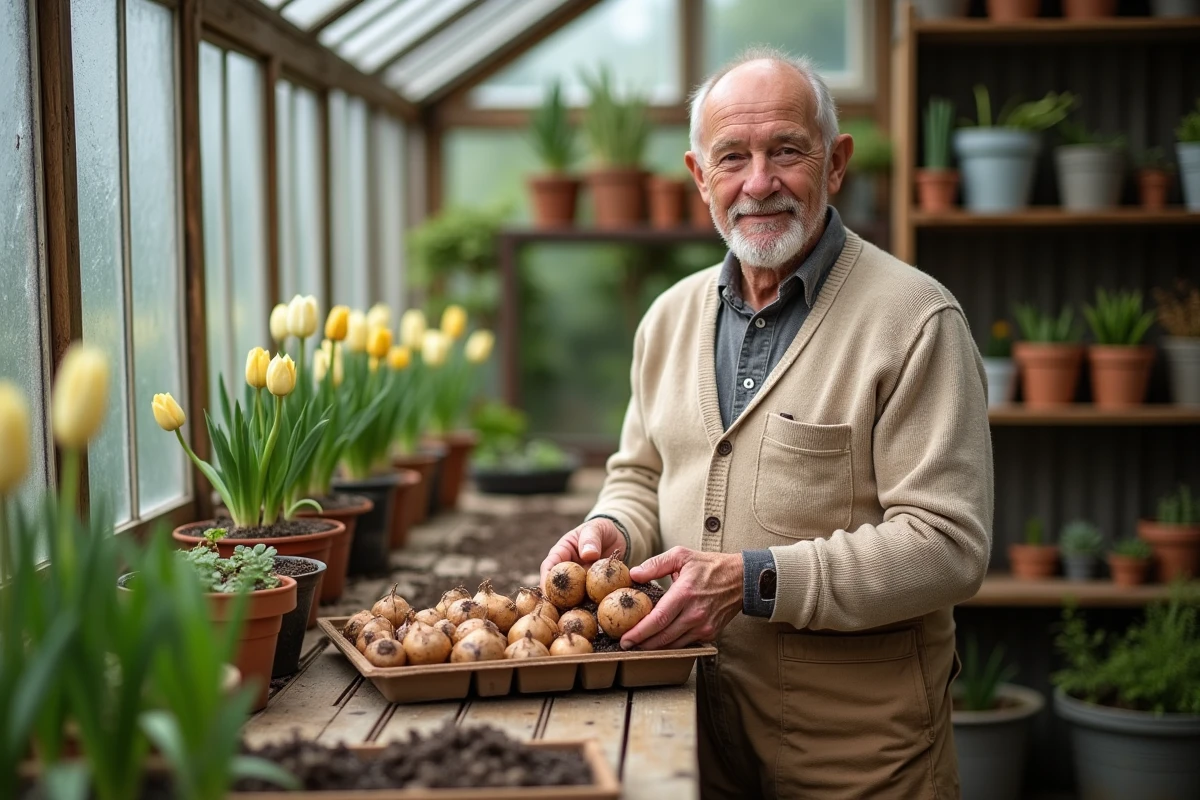 Homme âgé préparant des bulbes de ranunculus dans une serre