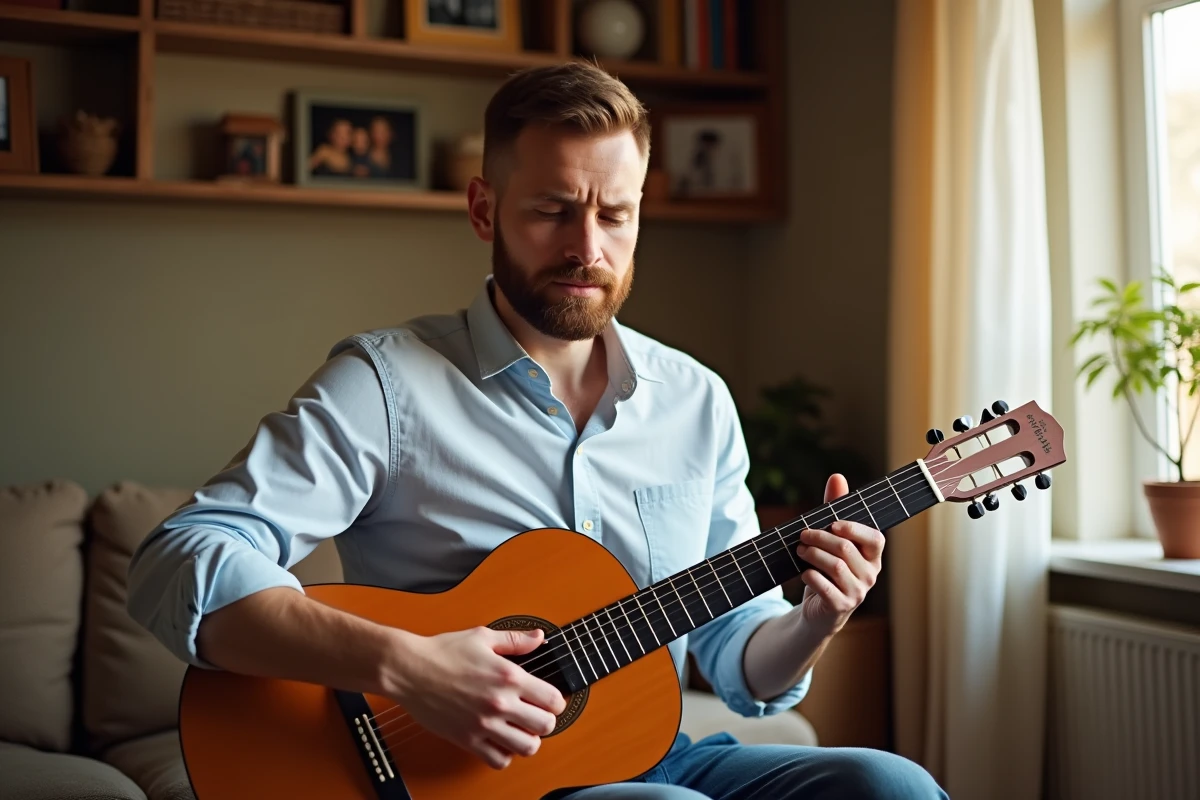Homme jouant de la guitare dans un salon chaleureux