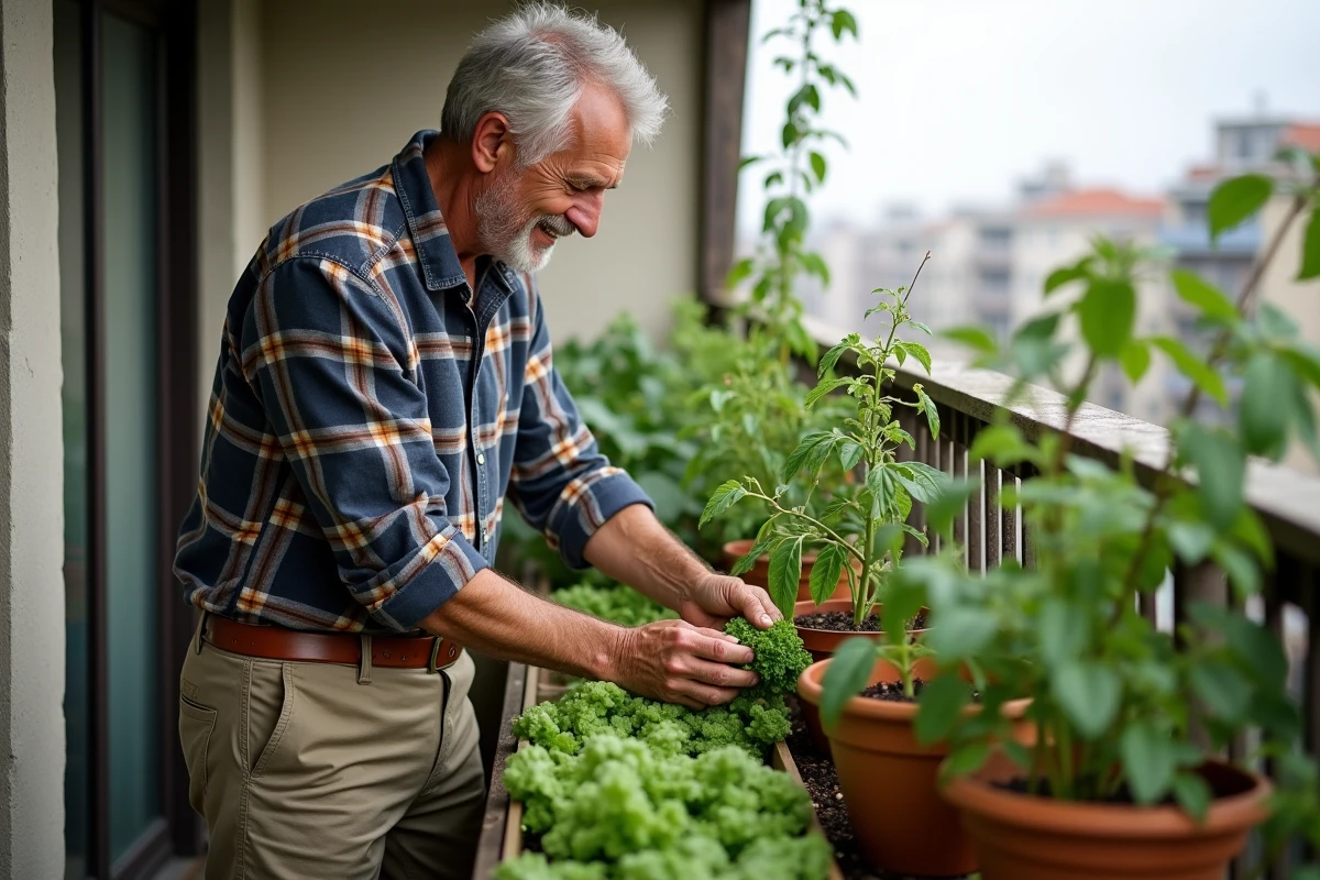 Homme cultivant des légumes dans un jardin de balcon urbain