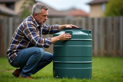 Homme examinant un réservoir d'eau de pluie dans son jardin