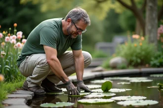Homme au jardin posant une feuille de lotus sur l'étang