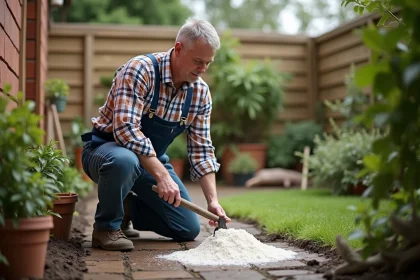 Homme d'âge moyen étalant du calcaire dans le jardin