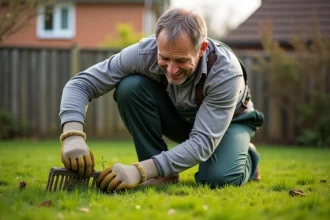 Homme en tenue de jardinage ratisse la mousse sur la pelouse