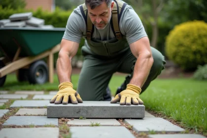 Homme en vêtements de jardinage posant une dalle en béton dans un jardin
