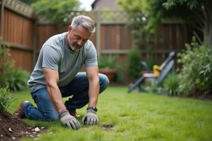 Homme d'âge moyen inspectant des lames de coupe dans son jardin