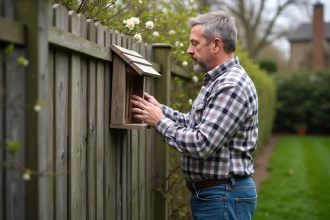 Homme d'âge moyen inspectant un abri-oiseau en bois dans le jardin