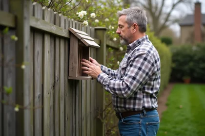Homme d'âge moyen inspectant un abri-oiseau en bois dans le jardin