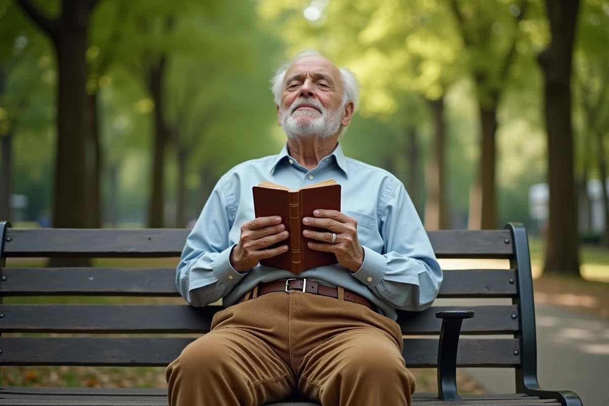 Homme âgé lisant un livre dans un parc urbain