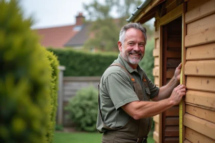 Homme souriant mesurant un abri de jardin en bois