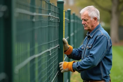 Homme mesurant une clôture métallique avec un mètre