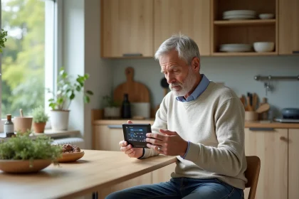 Homme d'âge moyen examine une station météo compacte à la maison