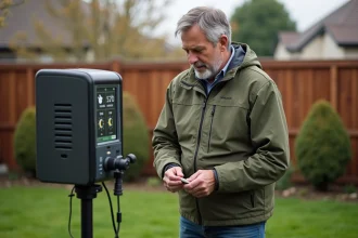 Homme d'âge moyen installant une station météo dans son jardin