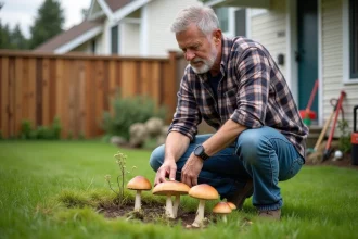 Homme d'âge moyen examine des champignons dans son jardin