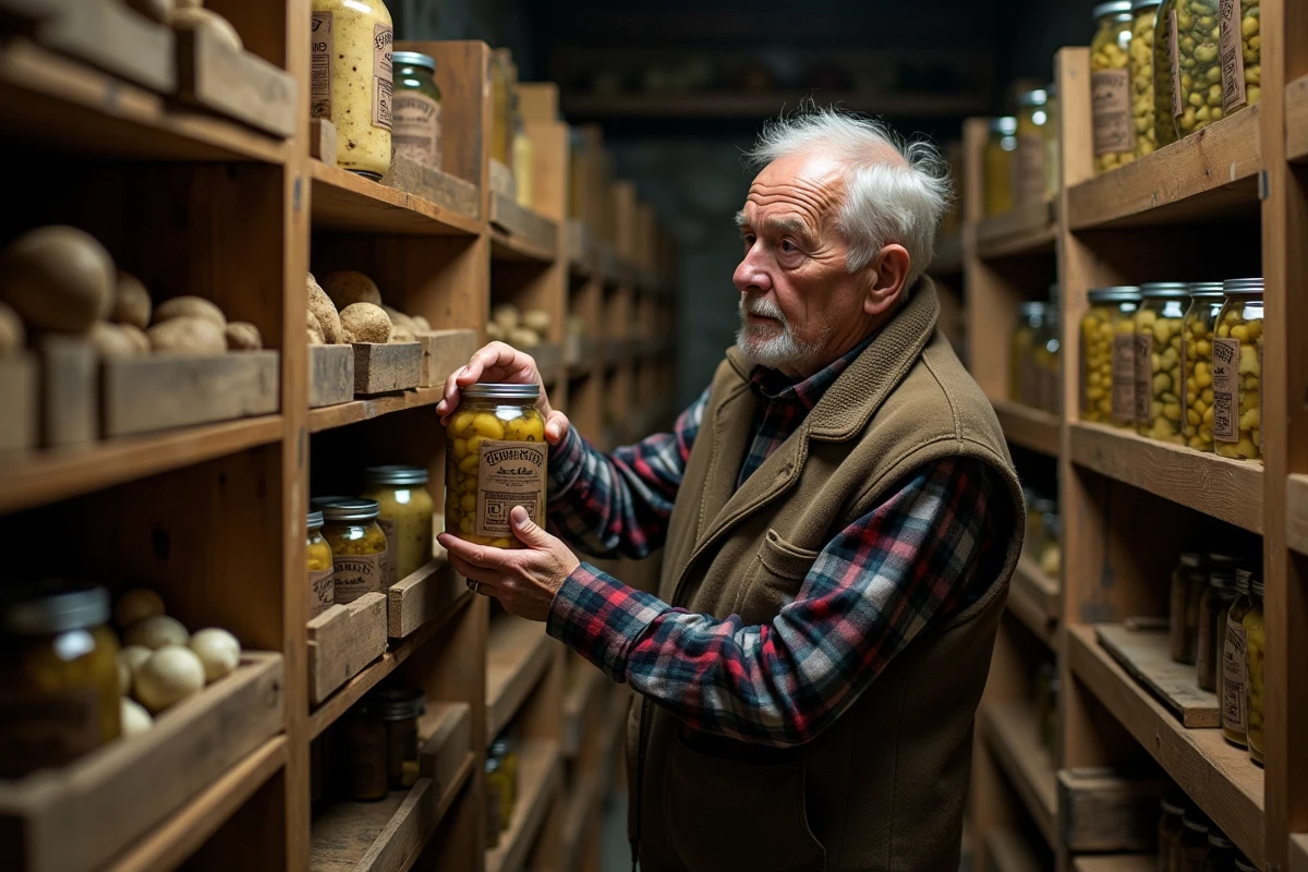 Homme âgé stockant des bocaux de légumes dans un cellier rustique