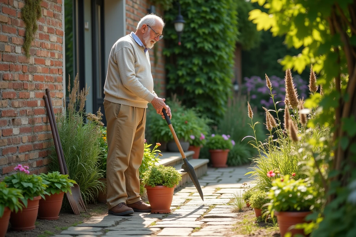 Homme arrangeant des pots de fleurs colorés dans le jardin