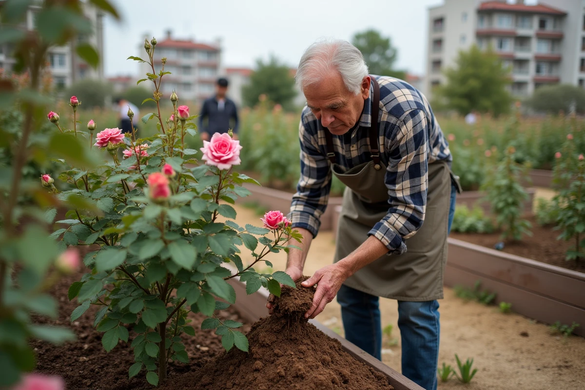 Homme âgé enrichissant la terre autour d un rosier