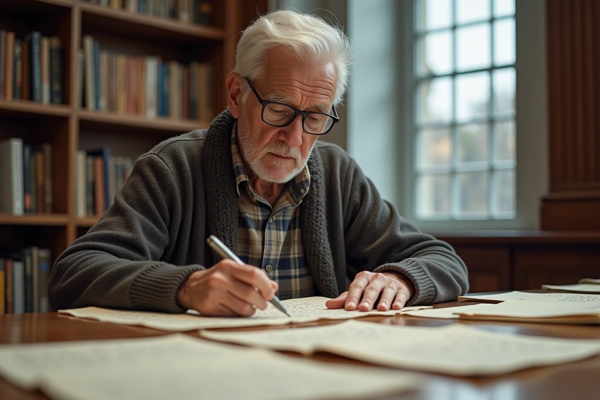 Homme âgé recherchant des documents dans une bibliothèque lumineuse