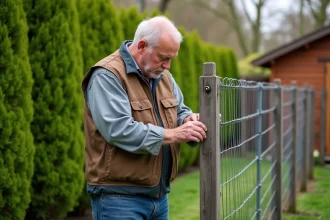 Homme en vêtements outdoor inspectant une clôture dans un jardin