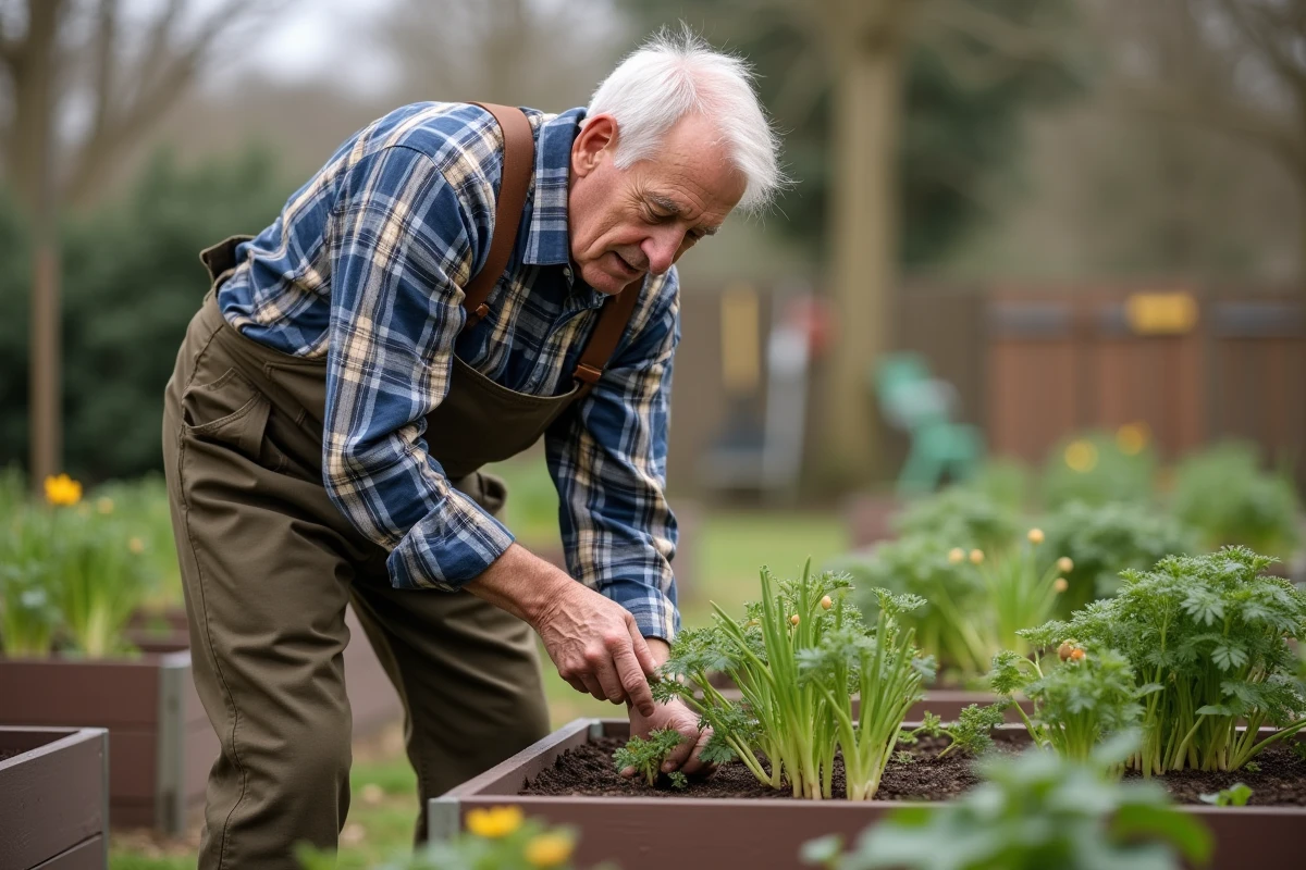 Homme âgé semant des graines dans un jardin communautaire