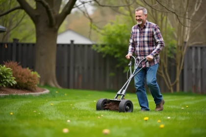 Homme en plaid poussant un aérateur de pelouse verte