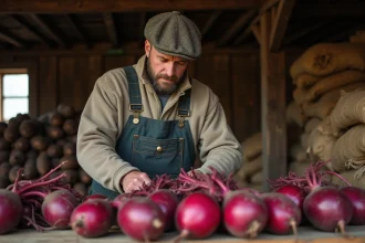 Homme en overalls triant des betteraves dans une grange rustique